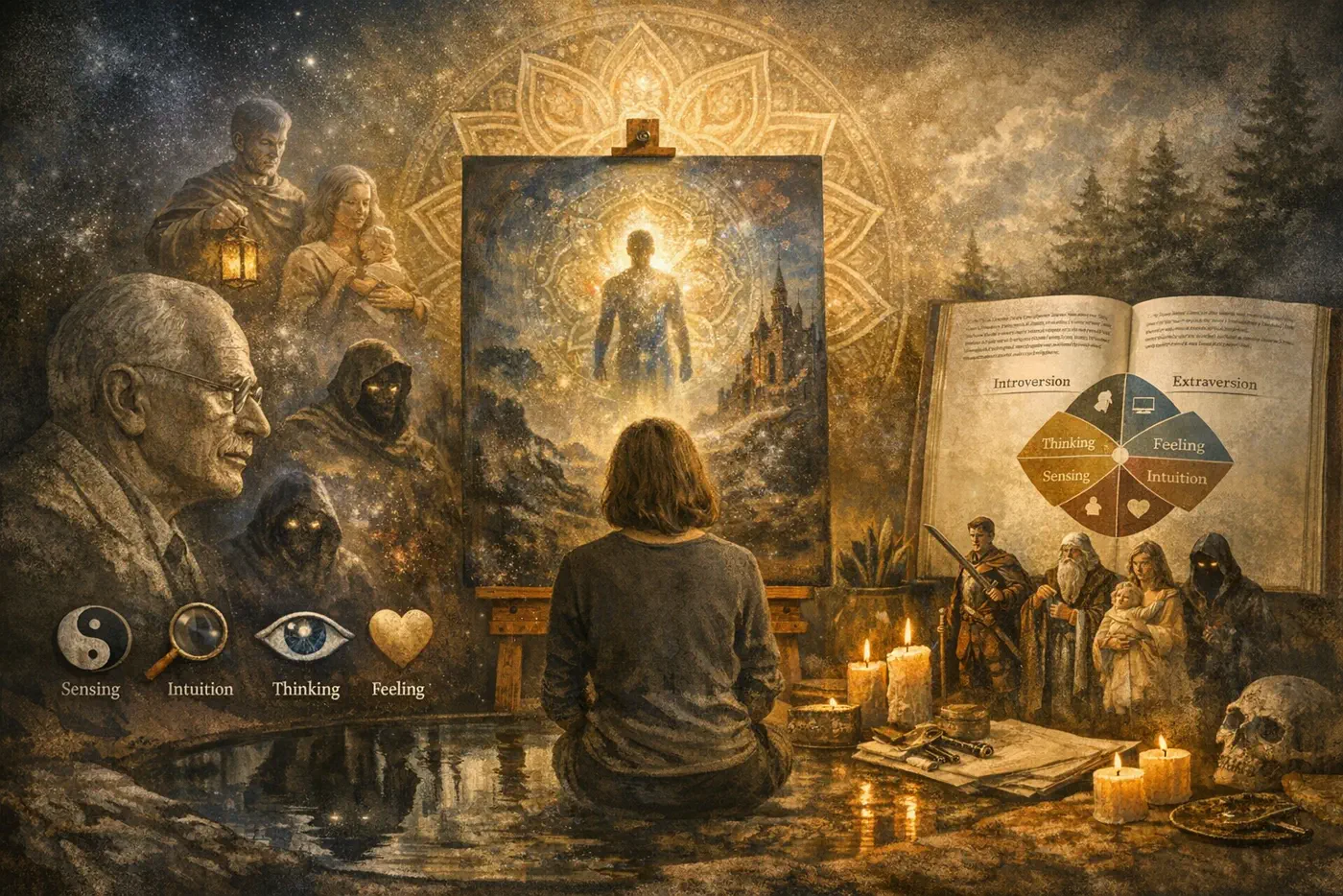 Jungian symbolic scene with archetypes, personality wheel, and luminous figure